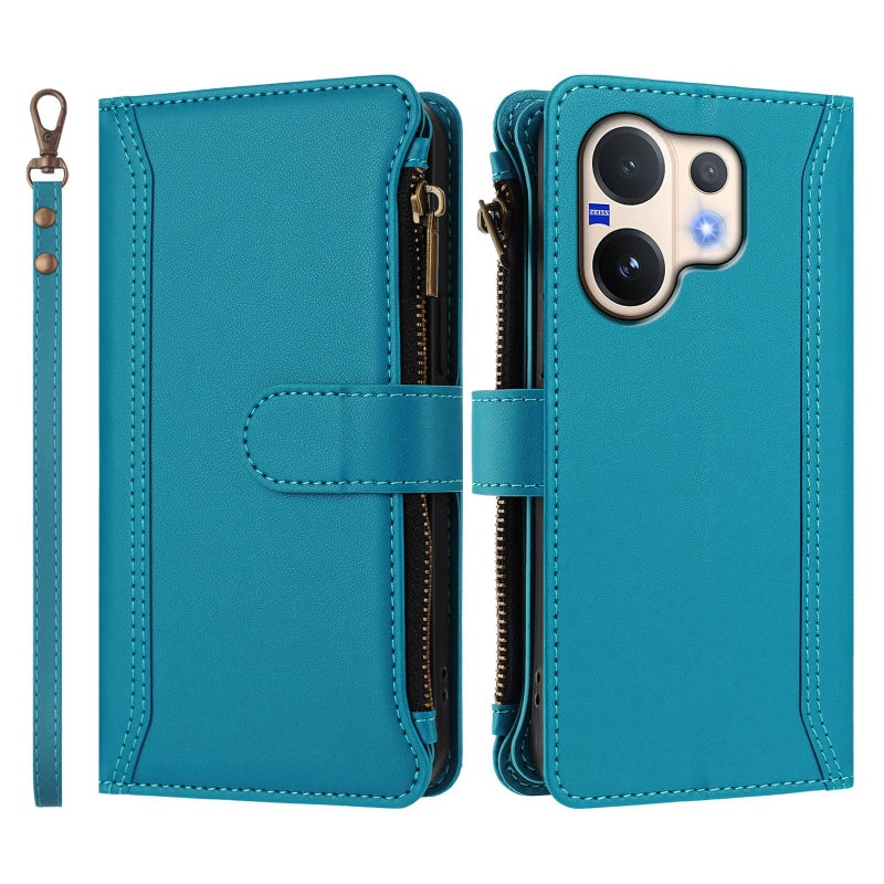 erorex For vivo V60 5G Global Magnetic Closure 9 Card Slots Zipper Leather Case with Hand Strap(Turquoise) - Image 2