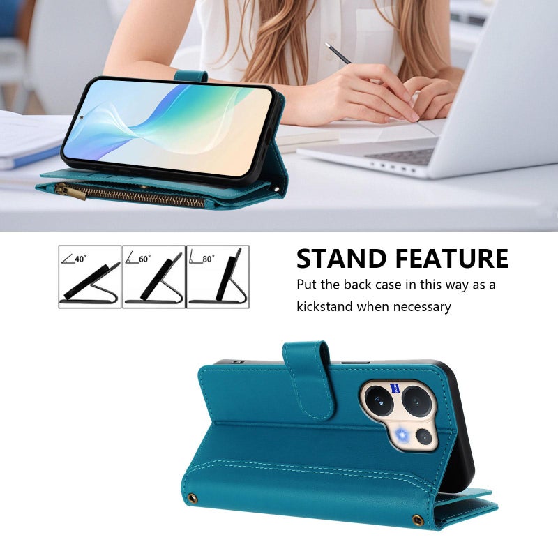 erorex For vivo V60 5G Global Magnetic Closure 9 Card Slots Zipper Leather Case with Hand Strap(Turquoise) - Image 3