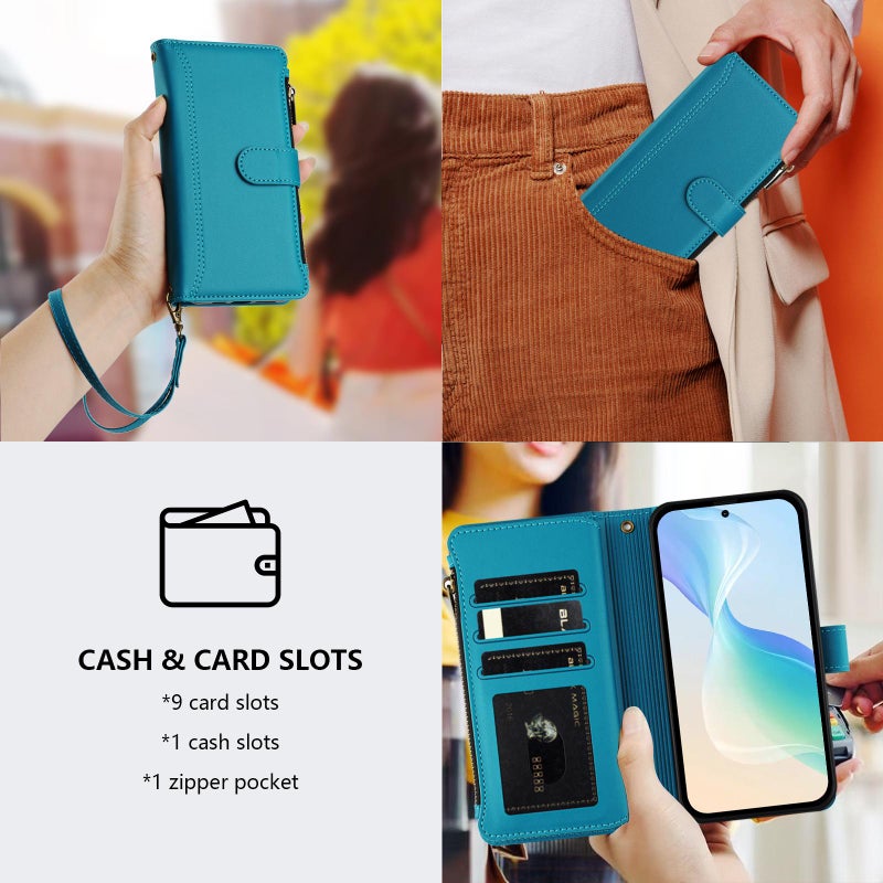 erorex For vivo V60 5G Global Magnetic Closure 9 Card Slots Zipper Leather Case with Hand Strap(Turquoise) - Image 5