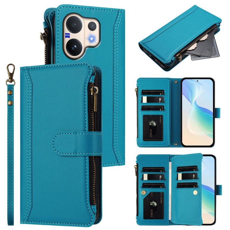 erorex For vivo V60 5G Global Magnetic Closure 9 Card Slots Zipper Leather Case with Hand Strap(Turquoise) - Image 1