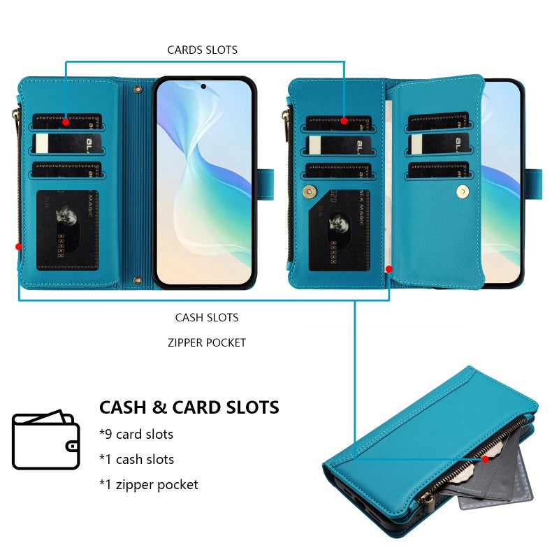 erorex For vivo V60 5G Global Magnetic Closure 9 Card Slots Zipper Leather Case with Hand Strap(Turquoise) - Image 4