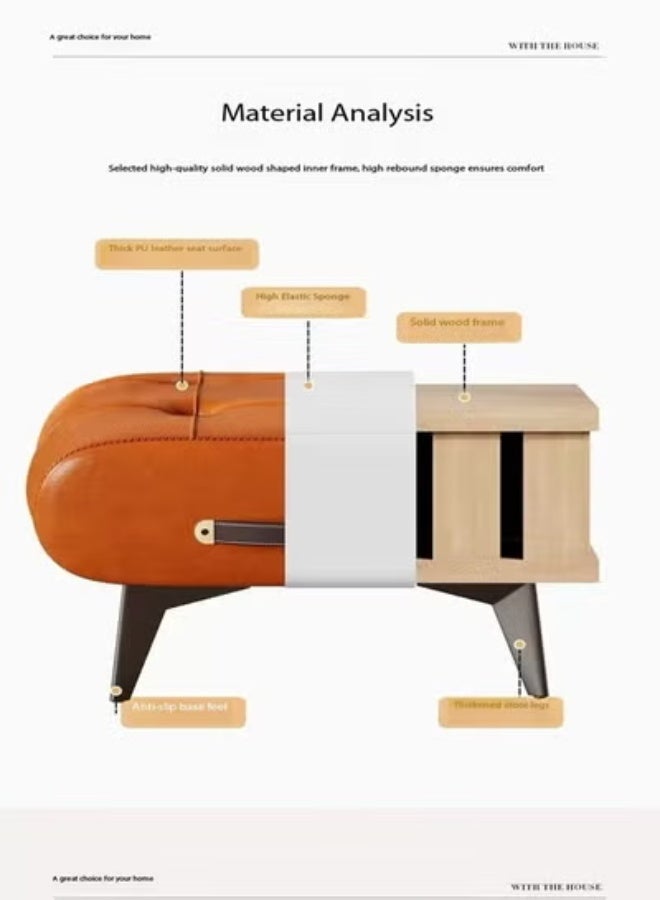 Raffine Mid-Century Modern Tufted Leather Ottoman Featuring Rich Cognac Upholstery, Decorative Side Handle Accent, and Angled Wooden Legs for Versatile Use as a Footrest, Accent Stool, or Compact Seating in Stylish Living Spaces 40 x 34 x 30 cm. - Image 2