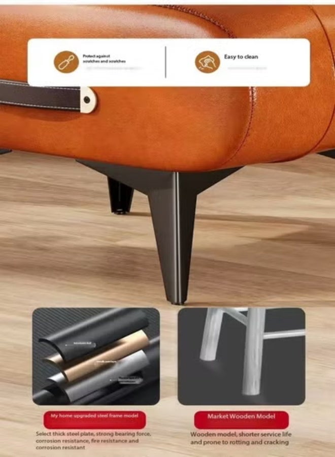 Raffine Mid-Century Modern Tufted Leather Ottoman Featuring Rich Cognac Upholstery, Decorative Side Handle Accent, and Angled Wooden Legs for Versatile Use as a Footrest, Accent Stool, or Compact Seating in Stylish Living Spaces 40 x 34 x 30 cm. - Image 3