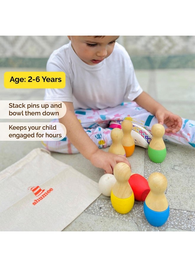 Shumee Wooden Bowling Pins Set for Kids|2 Color Pattern|2 Years+|Child Safe & Non Toxic|6 pins & 1 Ball| Suitable for Indoor & Outdoor Sports Games|for Toddlers,Preschoolers & Children|Gifting - Image 3