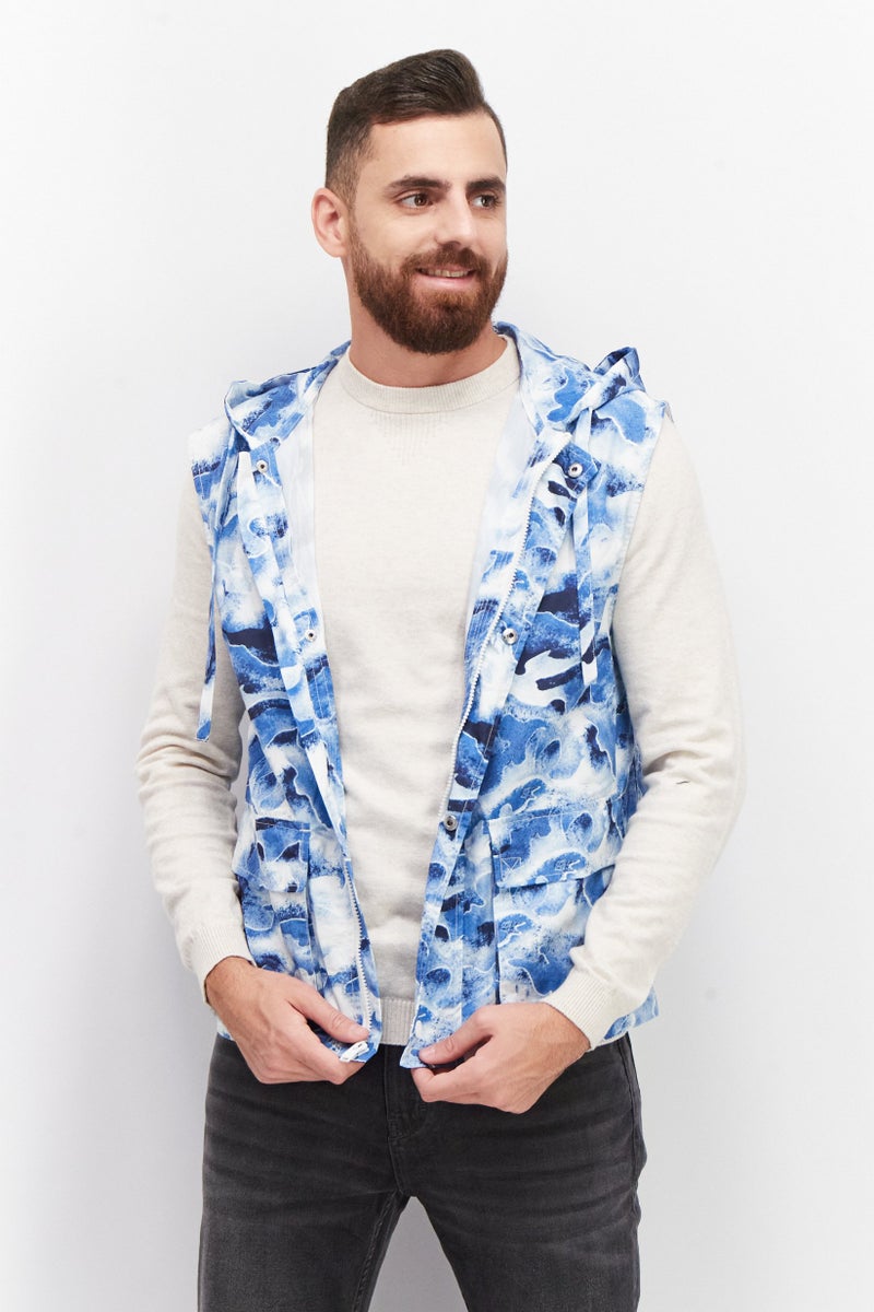 royalty Men Hooded Neck Sleeveless Camouflage Vest, Blue - Image 1