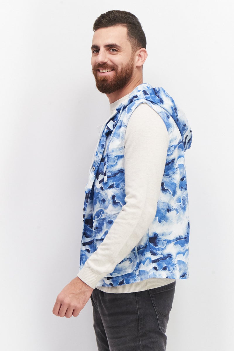royalty Men Hooded Neck Sleeveless Camouflage Vest, Blue - Image 2