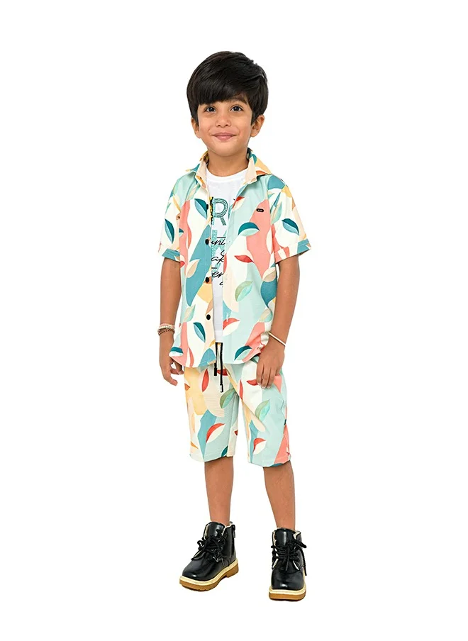 بيبي كلو Colorful tropical print three-piece set for boys - shirt, t-shirt, shorts