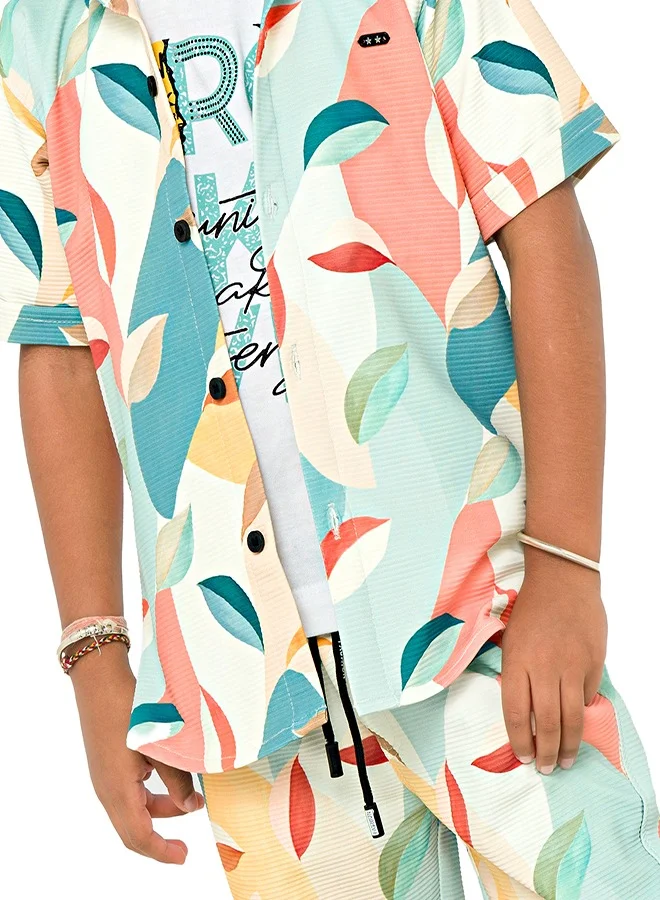 babyqlo Colorful tropical print three-piece set for boys - shirt, t-shirt, shorts