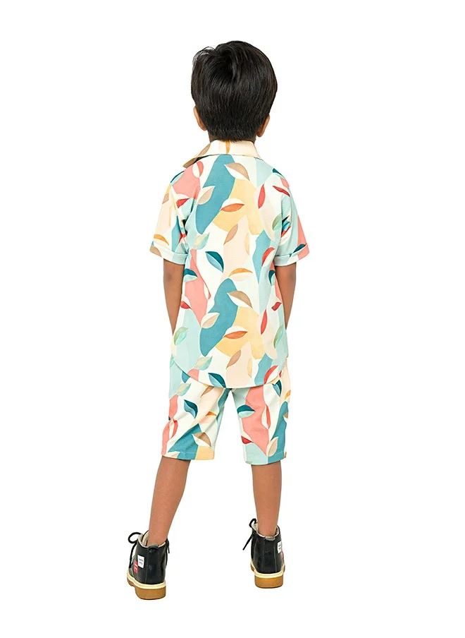 babyqlo Colorful tropical print three-piece set for boys - shirt, t-shirt, shorts