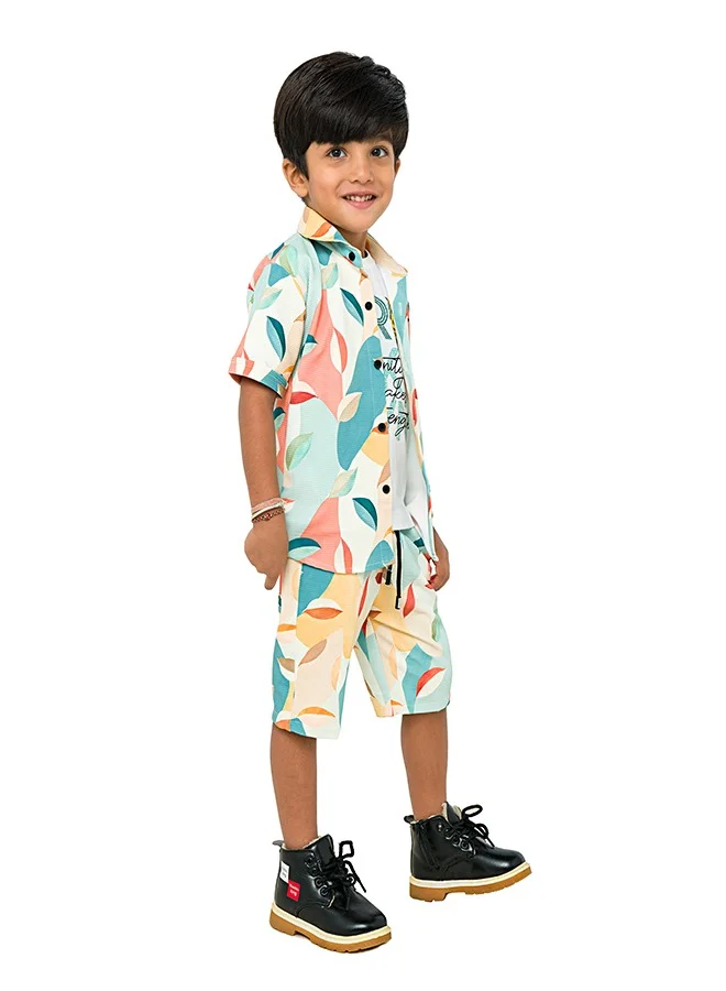 babyqlo Colorful tropical print three-piece set for boys - shirt, t-shirt, shorts