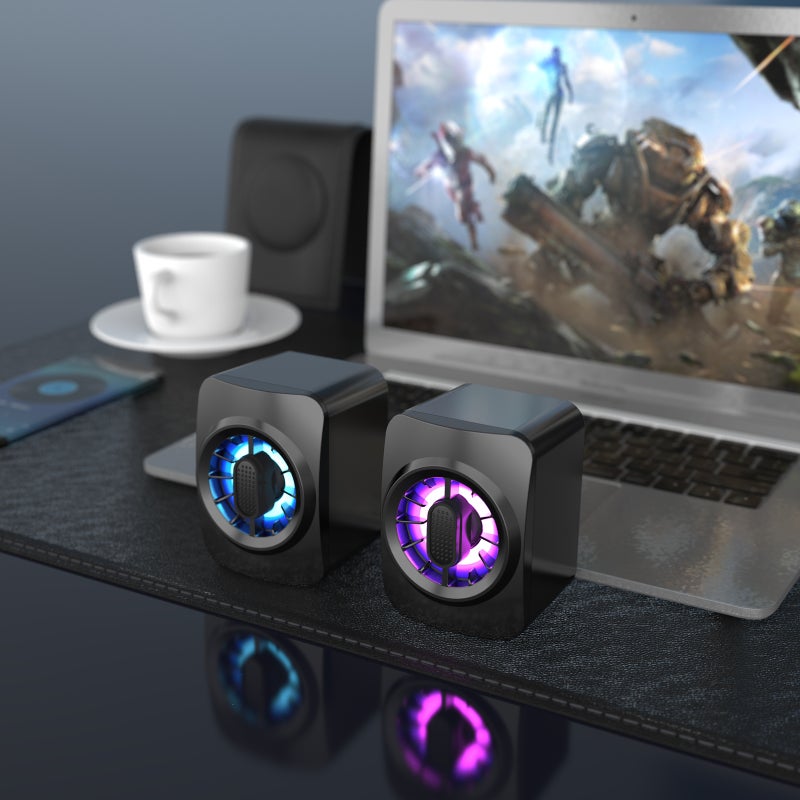 مكبر صوت كمبيوتر A1 محمول صغير بإضاءة RGB - صندوق صوت موصل بلاستيك USB ومكونات سلكية 3.5 مم، بسوبوفر 6 وات ومكبر صوت للتحكم في مستوى الصوت، مناسب لأجهزة الكمبيوتر المحمولة والكمبيوتر المكتبي والتابليت والهاتف الذكي - Image 4