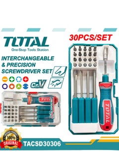 TOTAL 30PCS Interchangeable & Precision Screwdriver Bit Set - Cr-V Steel, Includes Slotted, Phillips, Torx & Hex Bits, Tack Remover, Scratch Awl, 1/4" Bits Holder & Unique Handle, TACSD30306