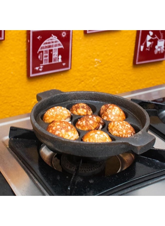 Zishta Handmade Cookware Cast Iron Kuzhipaniyaram| Paniyaram Pan Thattu - 7 Cavities|Induction, Gas Stove & Electric Coil Stove|Flat Base/Bottom Black- 17.8, 2.0 Kg - Image 2