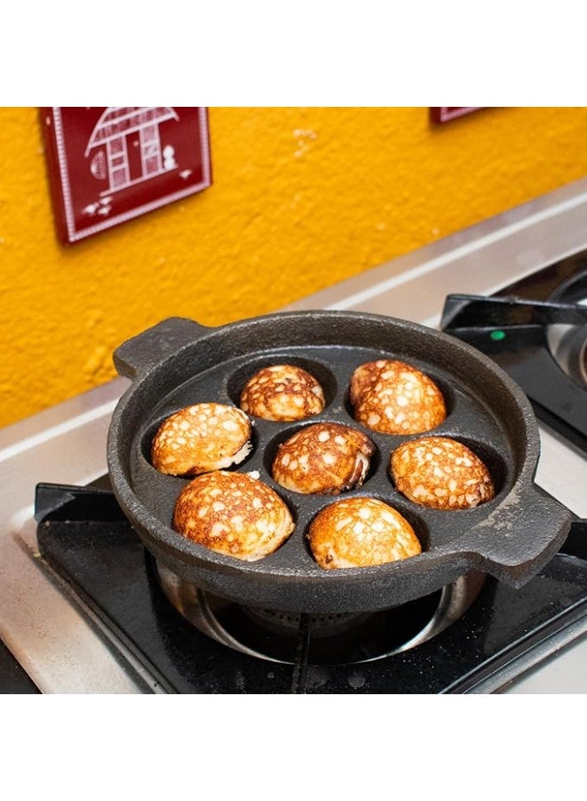 Zishta Handmade Cookware Cast Iron Kuzhipaniyaram| Paniyaram Pan Thattu - 7 Cavities|Induction, Gas Stove & Electric Coil Stove|Flat Base/Bottom Black- 17.8, 2.0 Kg - Image 3
