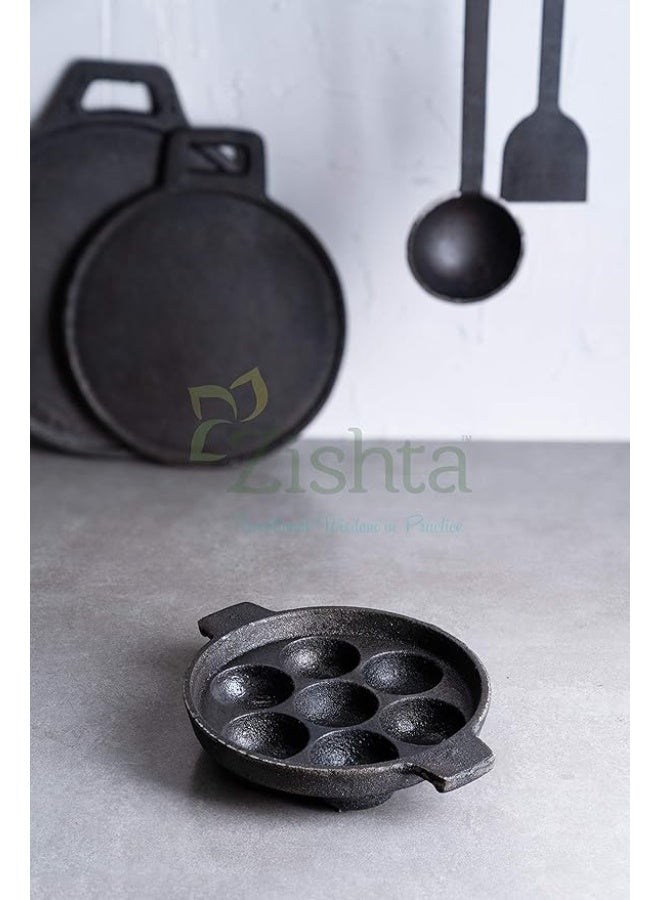 Zishta Handmade Cookware Cast Iron Kuzhipaniyaram| Paniyaram Pan Thattu - 7 Cavities|Induction, Gas Stove & Electric Coil Stove|Flat Base/Bottom Black- 17.8, 2.0 Kg - Image 4