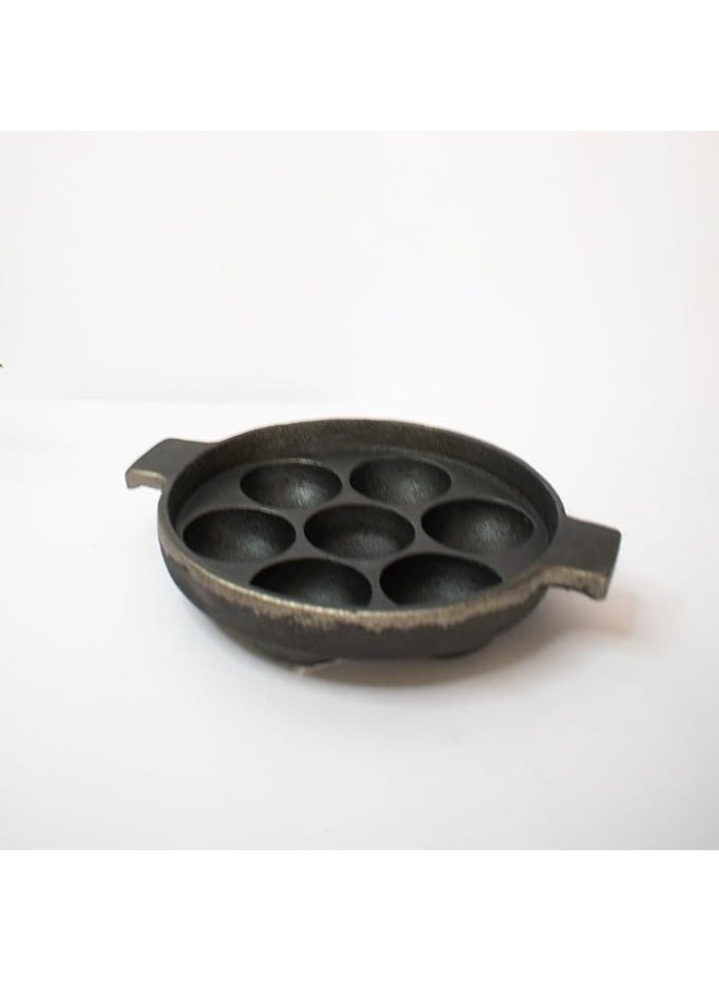Zishta Handmade Cookware Cast Iron Kuzhipaniyaram| Paniyaram Pan Thattu - 7 Cavities|Induction, Gas Stove & Electric Coil Stove|Flat Base/Bottom Black- 17.8, 2.0 Kg - Image 1