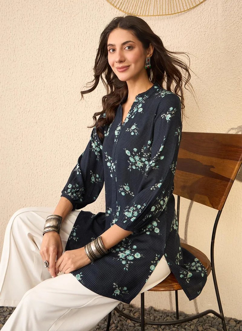 زيري سوق Navy Blue Rayon Blend Floral Printed Tunic Only