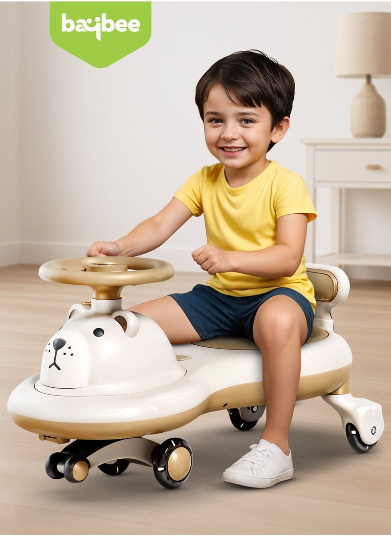 BAYBEE Lion Baby Swing Car for Kids, Ride on Car for Kids with Light & Music | Twisting Magic Car for Kids Children with Led Pu Wheels | Kids Car for Baby | Ride on Car for Kids 3 to 8 Years Boy Girl White Brown  - Image 2