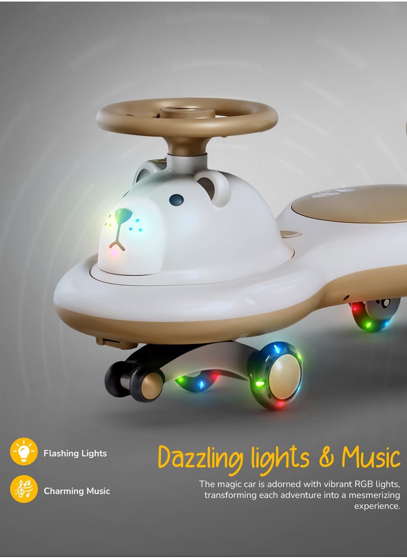 BAYBEE Lion Baby Swing Car for Kids, Ride on Car for Kids with Light & Music | Twisting Magic Car for Kids Children with Led Pu Wheels | Kids Car for Baby | Ride on Car for Kids 3 to 8 Years Boy Girl White Brown  - Image 4