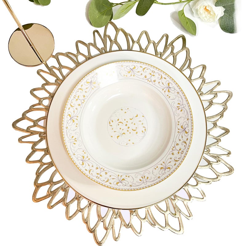 Herda Wedding Gold Table Placemats Set of 12 Vinyl Leaf Place Mats RoundGold Plates Chargers Table Decor Thanksgiving Wedding Table DecorationHoliday Plate Chargers