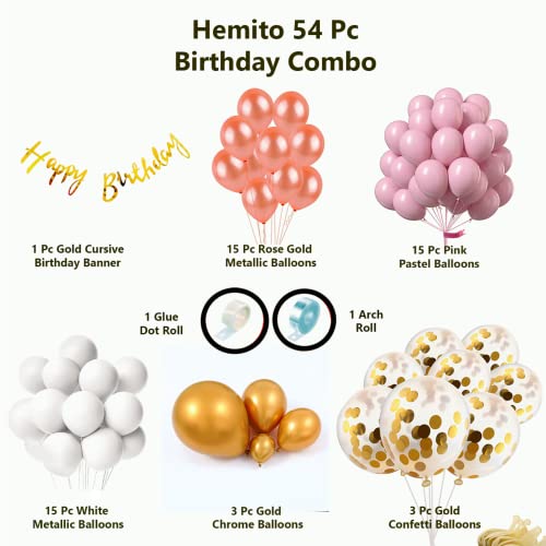 Hemito 54 Pcs Birthday Decoration Kit Rose Gold Pink White Balloon Birthday Banner, Gold Chrome Gold Confetti Arc, Glue Dot For Girls Kids Baby Birthday Decoration Items | Birthday Decoration Combo - Image 2