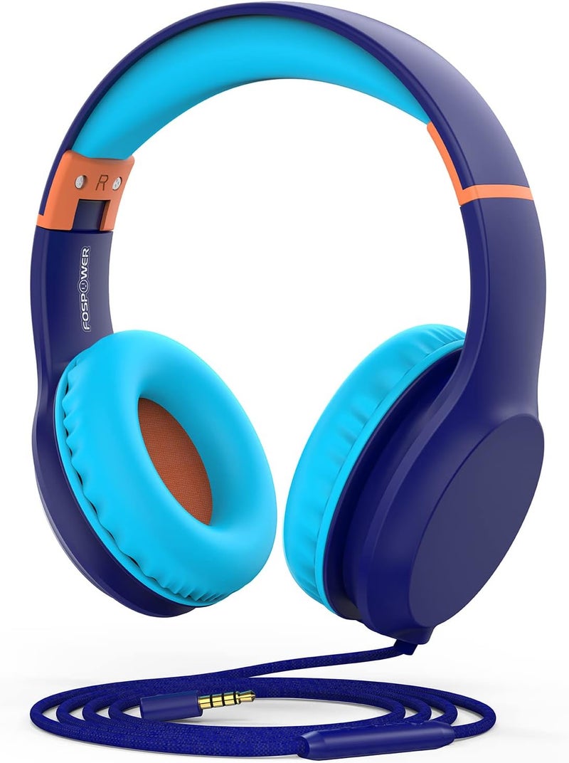 FosPower Kids Headphones with 3.5mm Laced Cables, Children & Teens Over The Ear Foldable Adjustable Headset w/Built-in Mic for Smartphones/PC/Tablet/Laptop/School (Max Volume 85dB) - Blue - Image 1