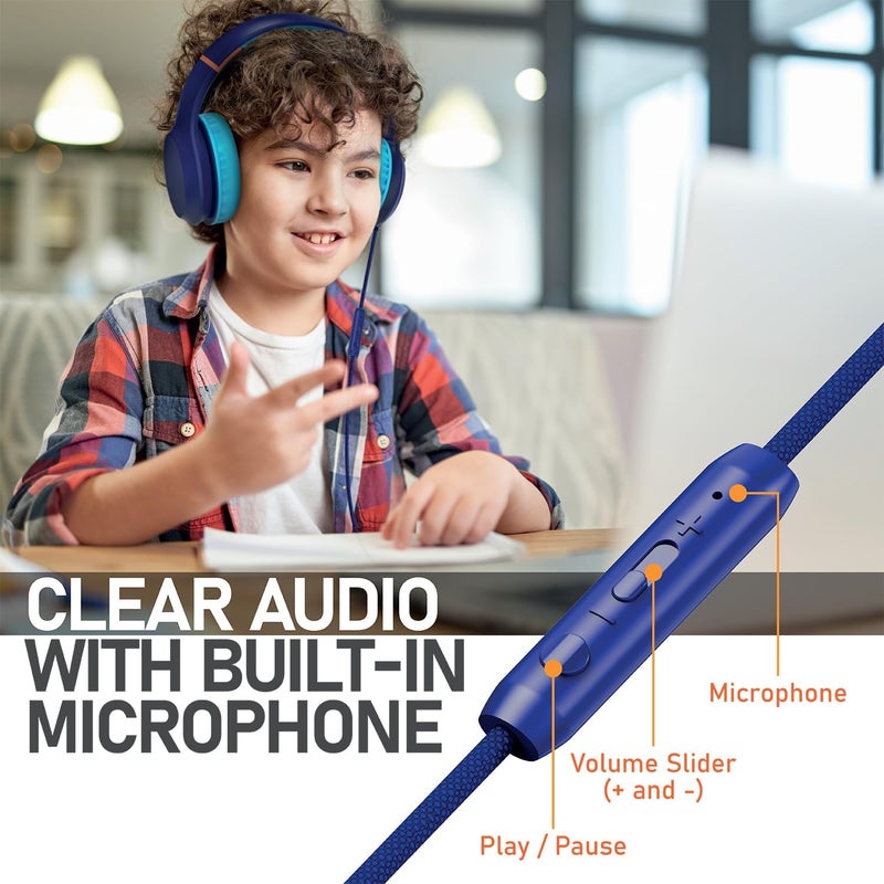 FosPower Kids Headphones with 3.5mm Laced Cables, Children & Teens Over The Ear Foldable Adjustable Headset w/Built-in Mic for Smartphones/PC/Tablet/Laptop/School (Max Volume 85dB) - Blue - Image 4
