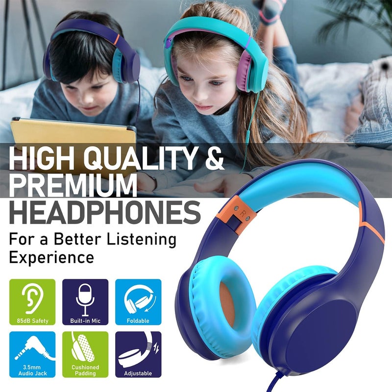FosPower Kids Headphones with 3.5mm Laced Cables, Children & Teens Over The Ear Foldable Adjustable Headset w/Built-in Mic for Smartphones/PC/Tablet/Laptop/School (Max Volume 85dB) - Blue - Image 2
