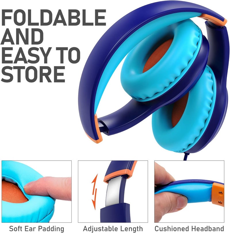 FosPower Kids Headphones with 3.5mm Laced Cables, Children & Teens Over The Ear Foldable Adjustable Headset w/Built-in Mic for Smartphones/PC/Tablet/Laptop/School (Max Volume 85dB) - Blue - Image 5