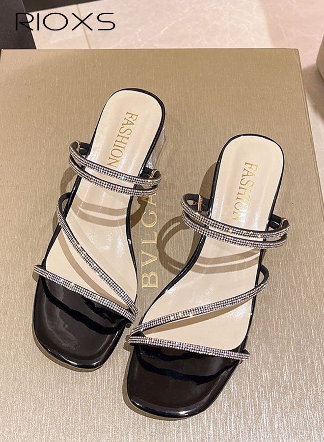RIOXS Womens Square Toe Sandals, Rhinestone Strappy Heeled Sandals, Transparent Block High Heels For Women, Chunky Heels For Ladies, Fashion Open-toes Pumps Shoes, Ladies' Wedding Party Dress Pumps Sandals-Silver Heels - Image 5