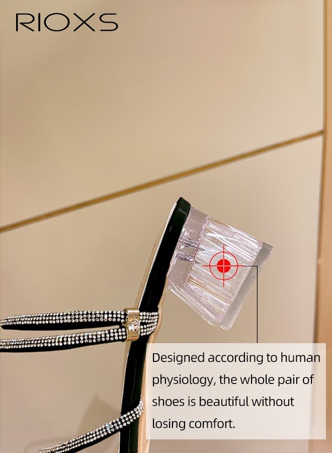 RIOXS Womens Chunky Heeled Sandals, Rhinestone Strappy Square Toe Heeled Mules with Transparent Block, Fashion Slip On Pumps Shoes for Ladies,Versatile Casual Slides Sandal for Party/ Work/ Date/ Wedding - Image 3