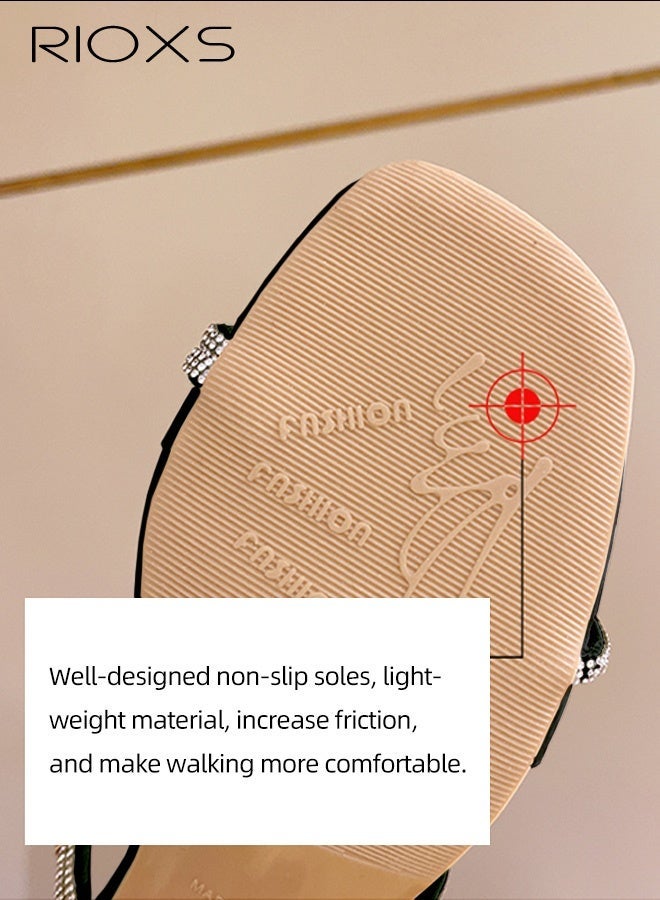RIOXS Women's Heeled Sandals, Rhinestone Strappy Heeled Sandal, Square Open Toe Ankle Strap Sandals, Ladies Sandals with 6cm Clear Crystal Heels, Classic Slip On Pumps Shoes for Women, Versatile Casual Slides Slippers, Block Low Heels for Wedding Dress Bride, Black Sandals Fashion Woman Footwear - Image 5