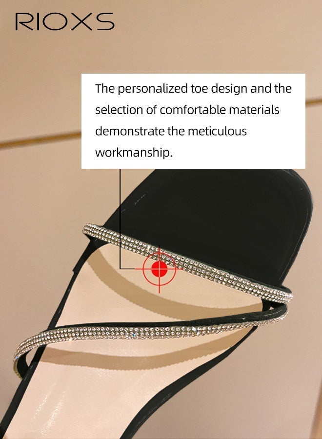 RIOXS Women's Heeled Sandals, Rhinestone Strappy Heeled Sandal, Square Open Toe Ankle Strap Sandals, Ladies Sandals with 6cm Clear Crystal Heels, Classic Slip On Pumps Shoes for Women, Versatile Casual Slides Slippers, Block Low Heels for Wedding Dress Bride, Black Sandals Fashion Woman Footwear - Image 3