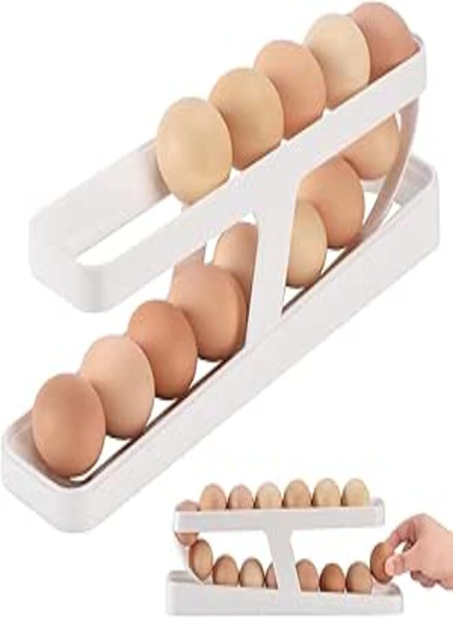 Tiklean Auto-Roll down Refrigerator Egg Dispenser, 2 Tier Egg Storage, Plastic Container Holder, Egg Organizer for Kitchen, Space Saving for Fridge Storage
