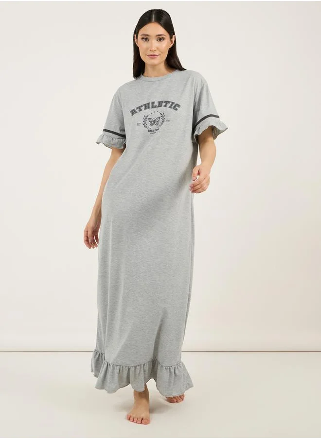 Styli Graphic Print Ruffled Hem Round Neck Sleep T-Shirt Dress