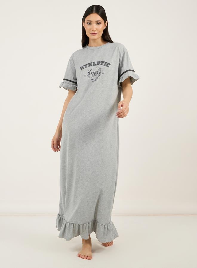 Styli Graphic Print Ruffled Hem Round Neck Sleep T-Shirt Dress - Image 1