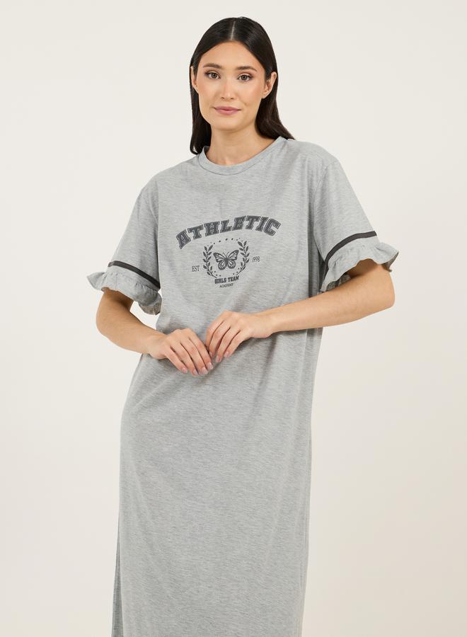 Styli Graphic Print Ruffled Hem Round Neck Sleep T-Shirt Dress - Image 2