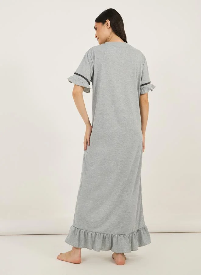 Styli Graphic Print Ruffled Hem Round Neck Sleep T-Shirt Dress