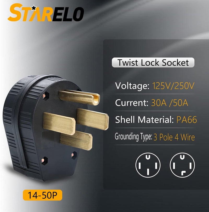 STARELO 14-30P & 14-50P Angle Plug, 30/50A 125/250V 3 Pole 4 Wire Grounding Straight Blade 4 Prong Male Heavy Duty Industrial Grade Power Plug - Image 2
