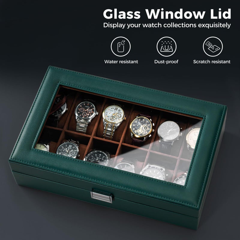 ProCase Watch Box for Men, 12 Slot Mens Watch Case, Watch Storage Watch Holder Organizer for Men, Watch Display Case With Glass Lid -12 Slot, Green - Image 2