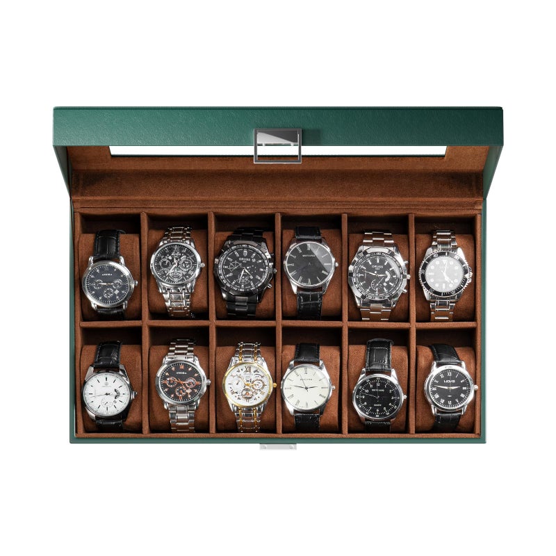 ProCase Watch Box for Men, 12 Slot Mens Watch Case, Watch Storage Watch Holder Organizer for Men, Watch Display Case With Glass Lid -12 Slot, Green - Image 1