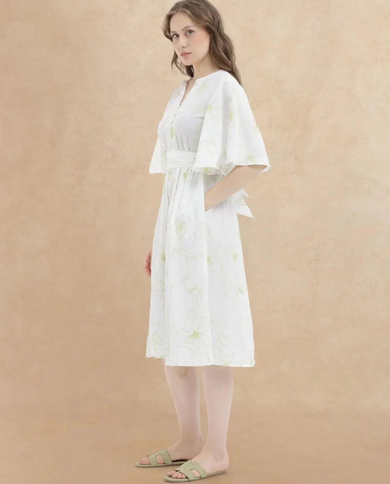 Rareism Women's Embroidered Cotton Flared Sleeve Dress
