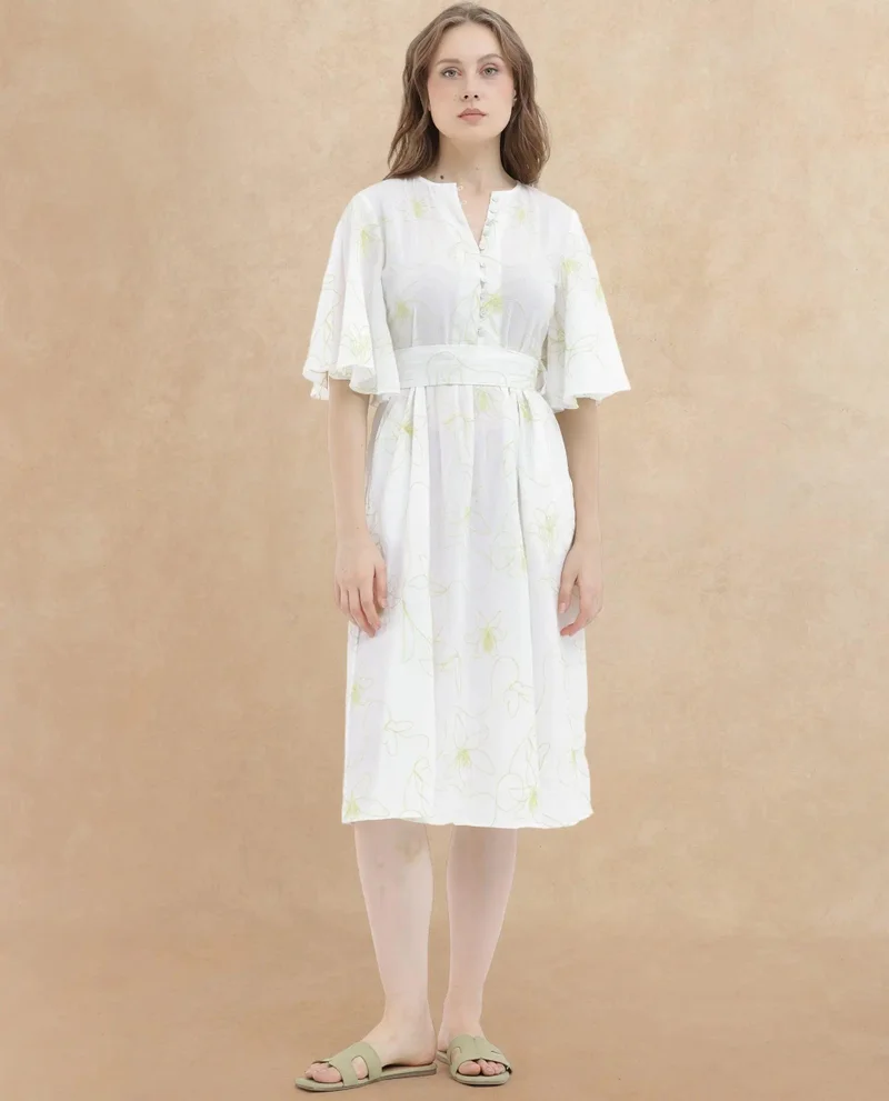 Rareism Women's Embroidered Cotton Flared Sleeve Dress