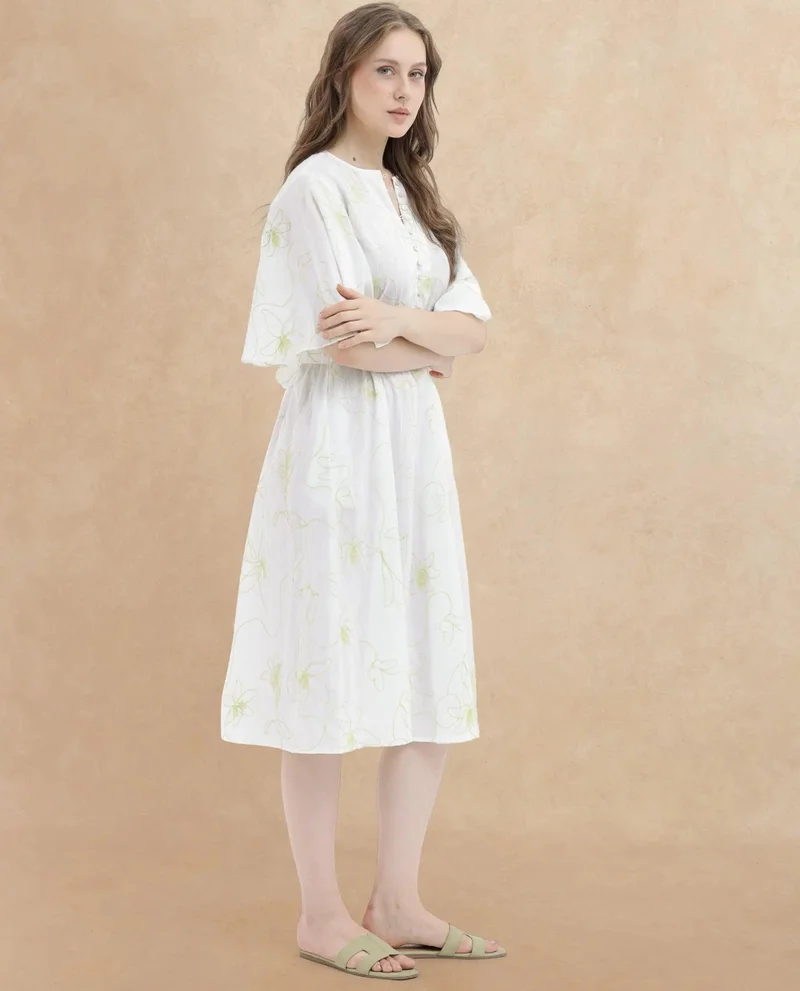 Rareism Women's Embroidered Cotton Flared Sleeve Dress