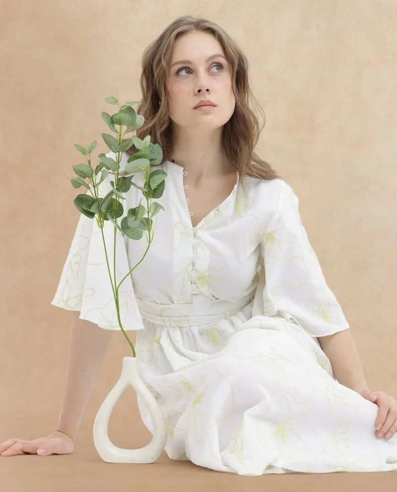 Rareism Women's Embroidered Cotton Flared Sleeve Dress
