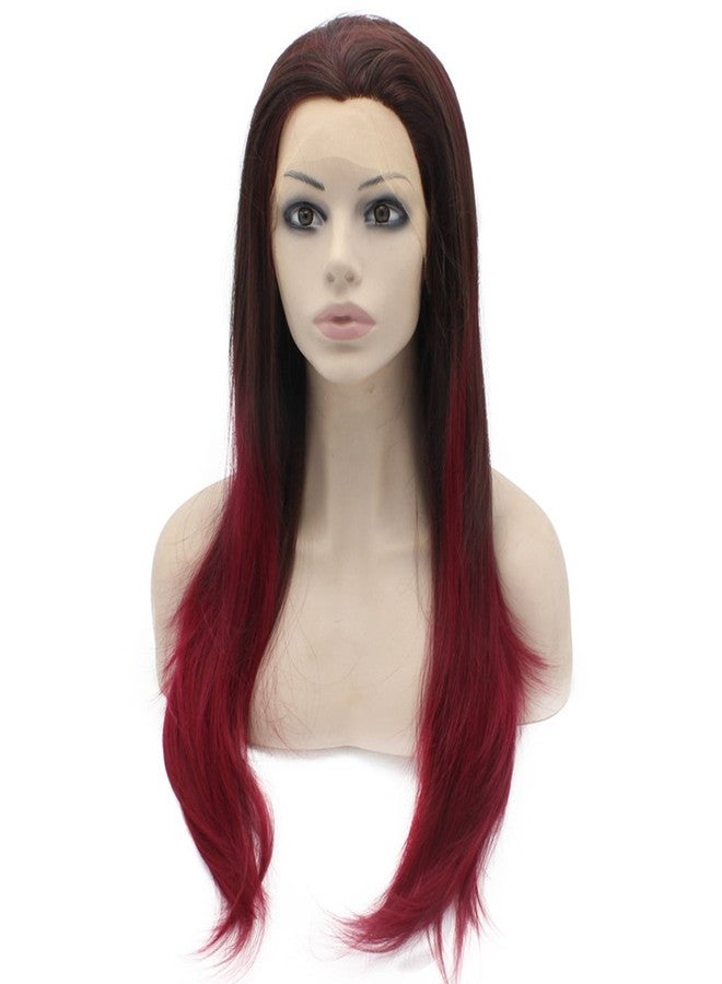 MX angel Long Straight Half Hand Tied Brown Burgundy Red Ombre Synthetic Lace Front Wig Natural - Image 4