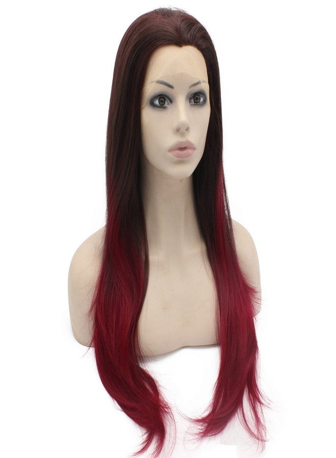 MX angel Long Straight Half Hand Tied Brown Burgundy Red Ombre Synthetic Lace Front Wig Natural - Image 2