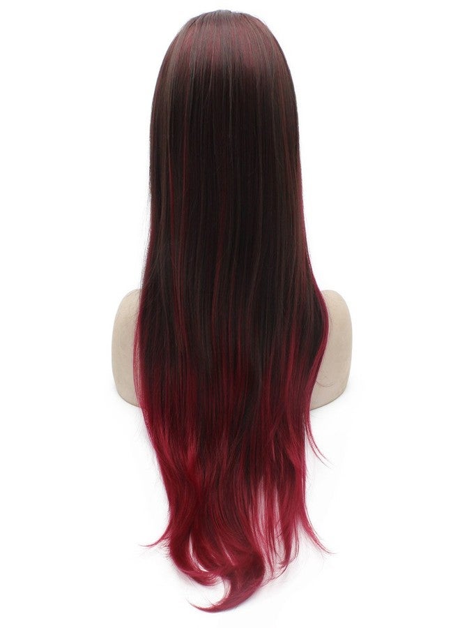 MX angel Long Straight Half Hand Tied Brown Burgundy Red Ombre Synthetic Lace Front Wig Natural - Image 3