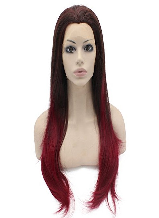 MX angel Long Straight Half Hand Tied Brown Burgundy Red Ombre Synthetic Lace Front Wig Natural - Image 1