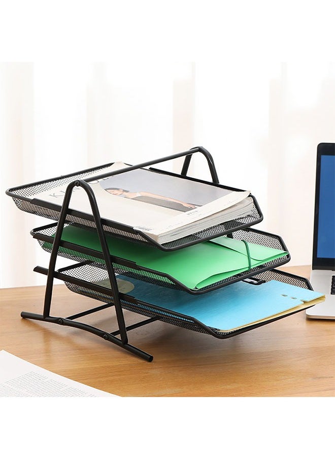 Arabest - 3 Tier File Tray, Office Organizer, Stacking File Holder, Desk Metal Wire Mesh File Organizer for A4 Files/Magazines/Mail/Letters/Postcard/Documents (Black) - Image 1